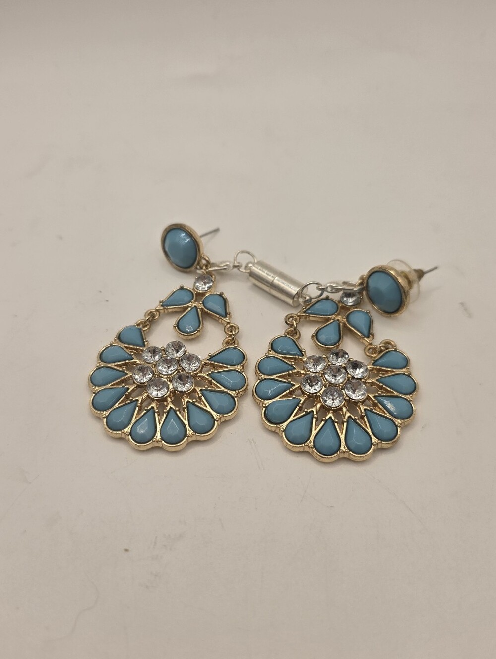 Gold Turquoise Resin Rhinestone Chandelier Earrings Tear Drop Statement 2.5"